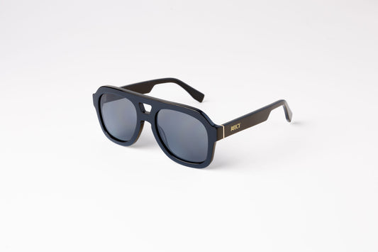 angle view of large black sustainable and biodegradable malone charcoal aviator sunglasses with dark grey lens 