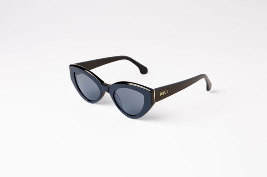 black biodegradable sustainable cateye sunglasses with dark grey lens angled view